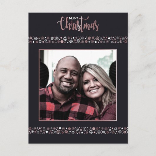 メリークリスマスピンク金ゴールドスノーフレークグレー シーズンポストカード (正面)