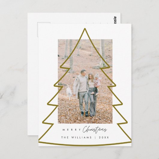 メリークリスマスファミリーの写真、金ゴールドクリスマスツリーフレーム ポストカード (正面/裏面)