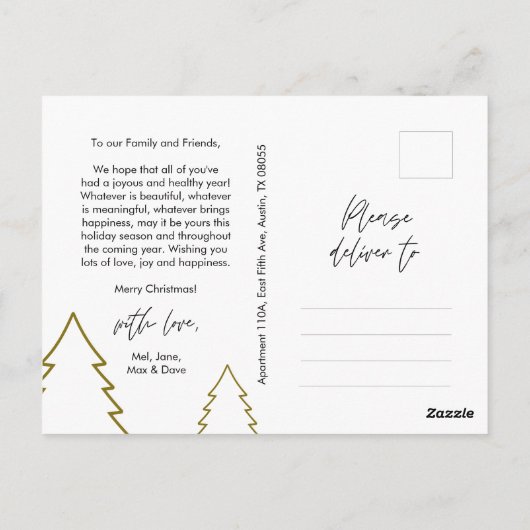 メリークリスマスファミリーの写真、金ゴールドクリスマスツリーフレーム ポストカード (裏面)
