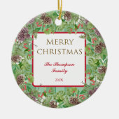 メリークリスマスファミリーウィズパインボウレッド開花 セラミックオーナメント (正面)