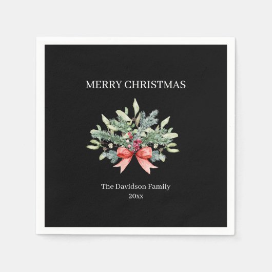 メリークリスマスファミリーウォーターカラーグリーンリーブラック スタンダードカクテルナプキン (正面)