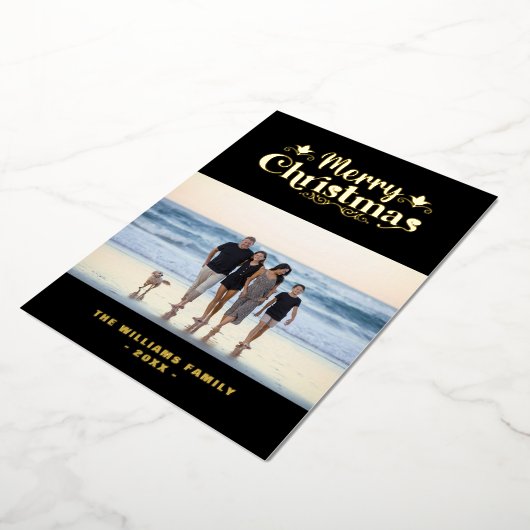 メリークリスマスファミリーカスタムフォトシンプルモダン 箔シーズンカード (回転した状態)