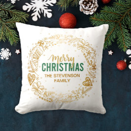 メリークリスマスファミリーネーム金ゴールドリース クッション