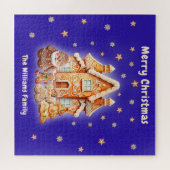 メリークリスマスファミリーパーソナライズされたネイビーネームおもしろい ジグソーパズル (横)