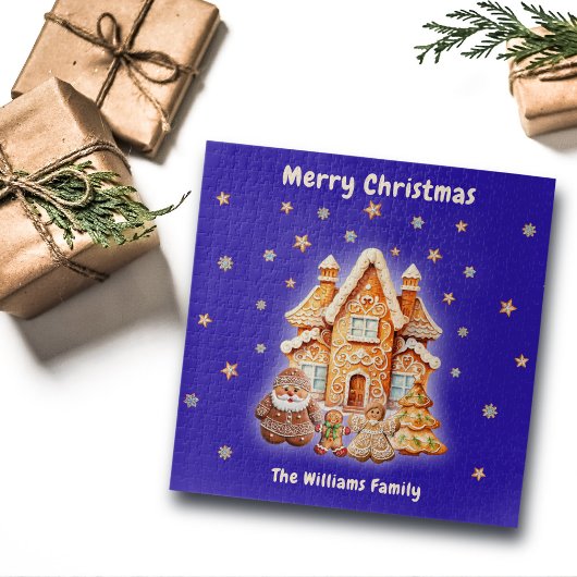 メリークリスマスファミリーパーソナライズされたネイビーネームおもしろい ジグソーパズル