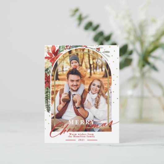メリークリスマスファミリーフォトアーチクリスマスカード シーズンポストカード (スタンド正面)