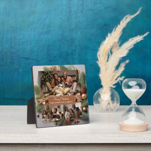 メリークリスマスファミリーフォトエバーグリーン金ゴールド フォトプラーク (インサイチュ)