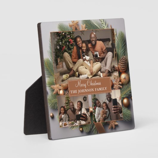 メリークリスマスファミリーフォトエバーグリーン金ゴールド フォトプラーク (正面)