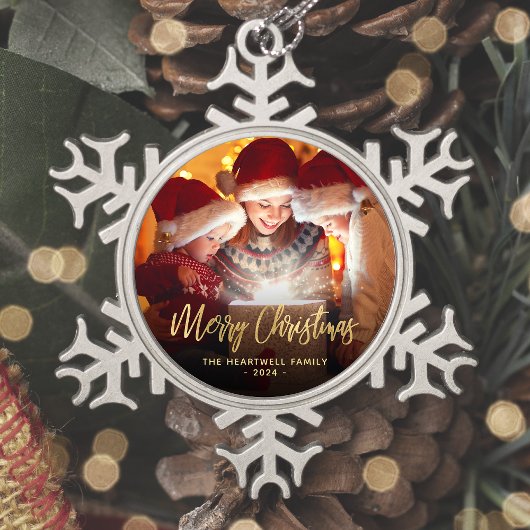 メリークリスマスファミリーフォトエレガント金ゴールドスクリプト スノーフレークピューターオーナメント