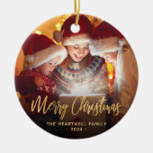メリークリスマスファミリーフォトエレガント金ゴールドスクリプト セラミックオーナメント (正面)