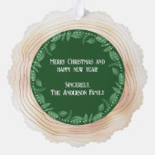 メリークリスマスファミリーフォトカスタムグリーン オーナメントカード (裏面)