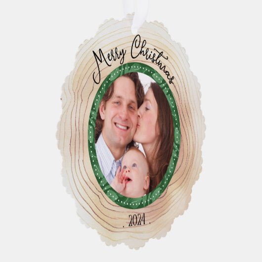 メリークリスマスファミリーフォトカスタムグリーン オーナメントカード (右)