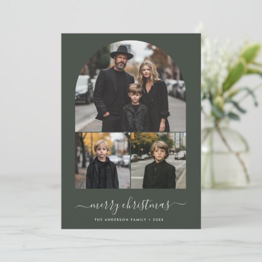 メリークリスマスファミリーフォトグリーティンググリーン シーズンカード (スタンド正面)