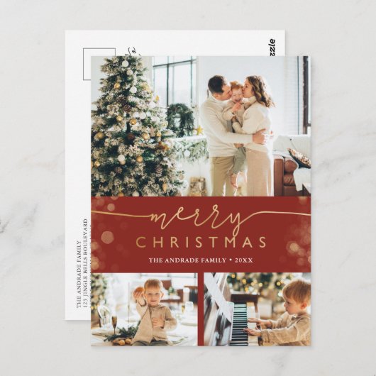 メリークリスマスファミリーフォトコラグホリモダンデー ポストカード (正面/裏面)