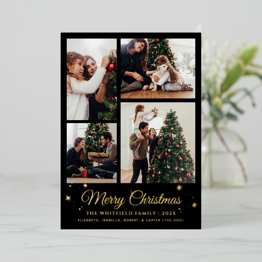 メリークリスマスファミリーフォトコラージュプレイド金ゴールド 箔シーズンカード (立ち正面)