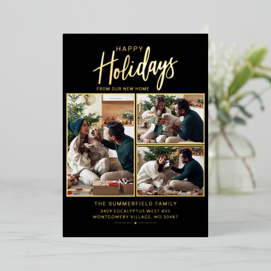 メリークリスマスファミリーフォトコラージュ移動金ゴールド 箔シーズンカード (立ち正面)