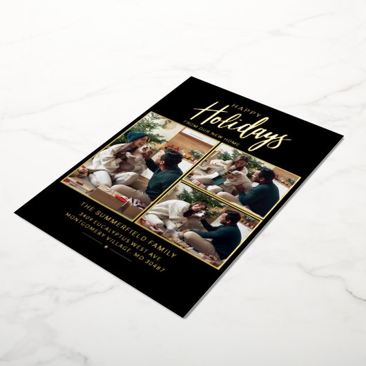 メリークリスマスファミリーフォトコラージュ移動金ゴールド 箔シーズンカード (回転した状態)