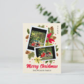 メリークリスマスファミリーフォトコラージュ赤花 シーズンポストカード (スタンド正面)