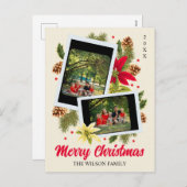 メリークリスマスファミリーフォトコラージュ赤花 シーズンポストカード (正面/裏面)
