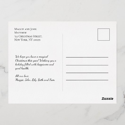 メリークリスマスファミリーフォトコラージュ 箔シーズンポストカード (裏面)