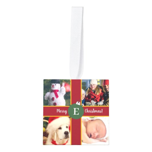 メリークリスマスファミリーフォトコラージングモノグラム キューブオーナメント (正面)