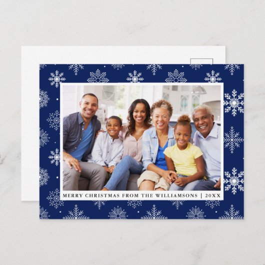 メリークリスマスファミリーフォトスノーフレークスブルー シーズンポストカード (正面/裏面)
