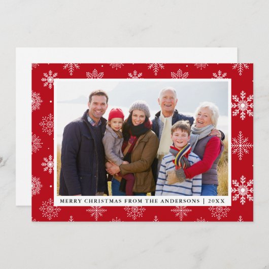 メリークリスマスファミリーフォトスノーフレークスレッドカード 招待状 (正面/裏面)