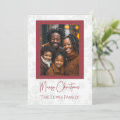 メリークリスマスファミリーフォトスノーフレーク背景 シーズンカード (スタンド正面)