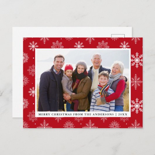 メリークリスマスファミリーフォトスノーフレーク赤 シーズンポストカード (正面/裏面)