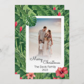 メリークリスマスファミリーフォトトロピカルフラワーリーフ シーズンカード (正面/裏面)