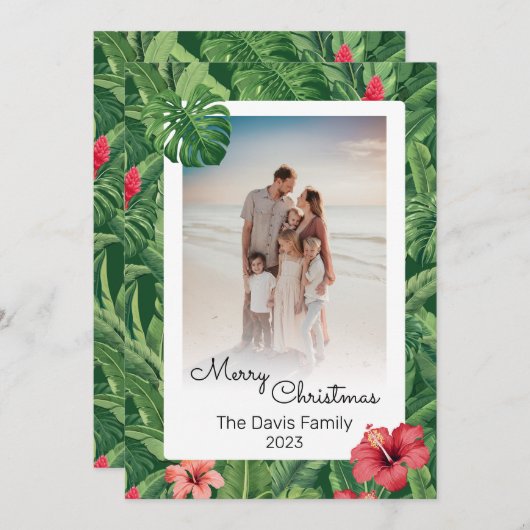 メリークリスマスファミリーフォトトロピカルフラワーリーフ シーズンカード (正面/裏面)