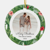 メリークリスマスファミリーフォトトロピカルフラワーリーフ セラミックオーナメント (正面)