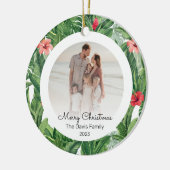 メリークリスマスファミリーフォトトロピカルフラワーリーフ セラミックオーナメント (左)