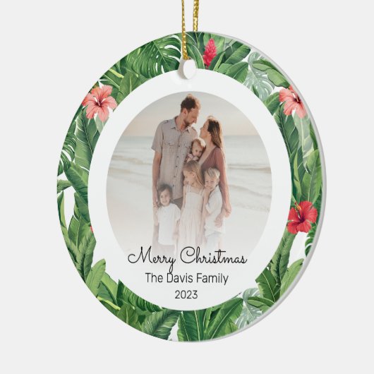 メリークリスマスファミリーフォトトロピカルフラワーリーフ セラミックオーナメント (左)
