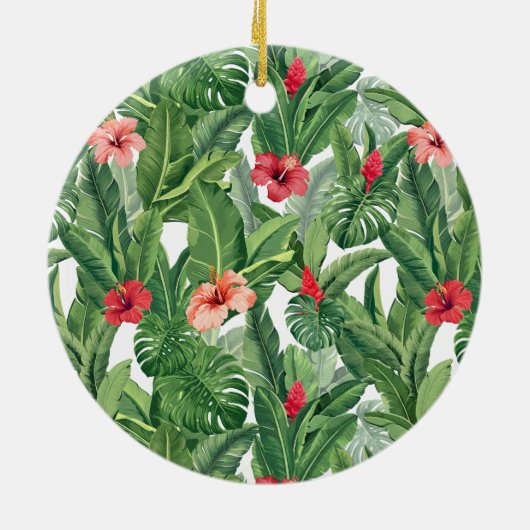 メリークリスマスファミリーフォトトロピカルフラワーリーフ セラミックオーナメント (裏面)