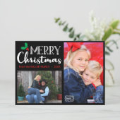 メリークリスマスファミリーフォトハンドレターブラック シーズンカード (スタンド正面)