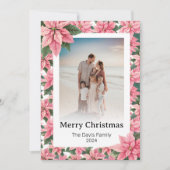 メリークリスマスファミリーフォトピンクポインセチア シーズンカード (正面)
