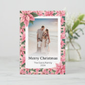 メリークリスマスファミリーフォトピンクポインセチア シーズンカード (スタンド正面)