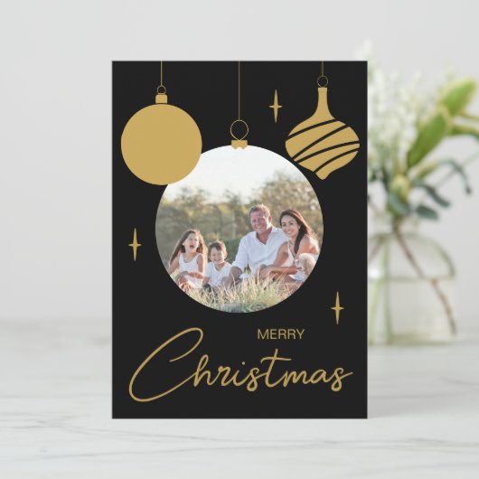 メリークリスマスファミリーフォトブラック&金ゴールド シーズンカード (スタンド正面)