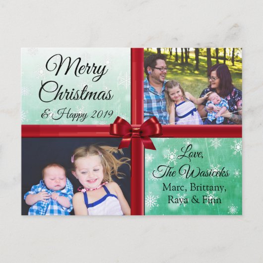 メリークリスマスファミリーフォトブルゴーニュ弓 シーズンポストカード (正面)