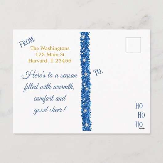 メリークリスマスファミリーフォトブルースノーフレーク シーズンポストカード (裏面)