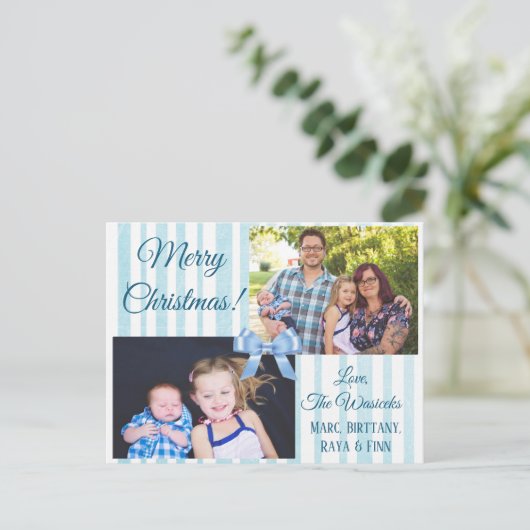 メリークリスマスファミリーフォトブルーボウ葉書 シーズンポストカード (スタンド正面)