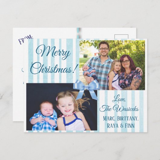 メリークリスマスファミリーフォトブルーボウ葉書 シーズンポストカード (正面/裏面)