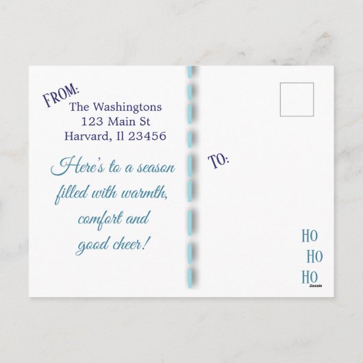 メリークリスマスファミリーフォトブルーボウ葉書 シーズンポストカード (裏面)