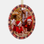 メリークリスマスファミリーフォトブルーレッドプレイド セラミックオーナメント (右)