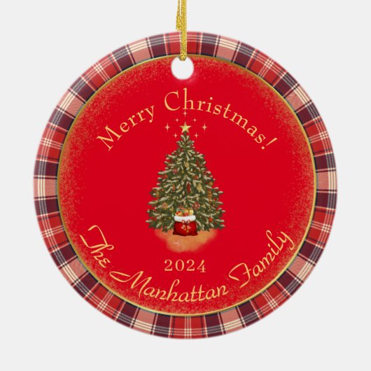 メリークリスマスファミリーフォトブルーレッドプレイド セラミックオーナメント (裏面)