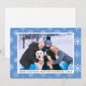 メリークリスマスファミリーフォトブルー雪片カード 招待状 (正面/裏面)