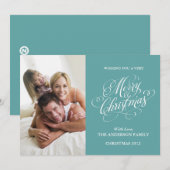 メリークリスマスファミリーフォトホリデーカードティール(緑がかった色) シーズンカード (正面/裏面)