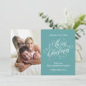 メリークリスマスファミリーフォトホリデーカードティール(緑がかった色) シーズンカード (スタンド正面)