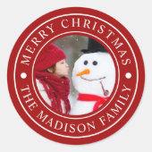 メリークリスマスファミリーフォトホリデーレッド ラウンドシール (正面)